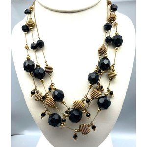 Vintage Triple Strand Necklace, Chunky Funky Black and Gold Chains and Beads
